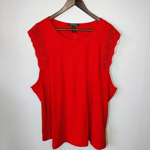 Lauren Ralph Lauren Red Crochet Knit Short Sleeve Top‎ Boho Summer Plus Size 3X